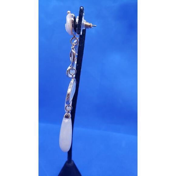 Vintage Earrings Long Dangle Genuine Pearl Selenite & Lucite Gold Toned Pierced - Picture 6 of 14